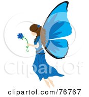 Brunette Female Fairy With Blue Wings Carrying A Flower