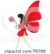 Black Haired Female Fairy With Red Wings Carrying A Flower