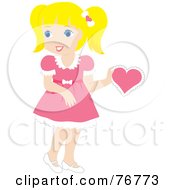 Poster, Art Print Of Pretty Blond Caucasian Girl In A Pink Dress Holding A Pink Valentine