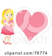 Poster, Art Print Of Blond Caucasian Girl In A Pink Dress Standing By A Big Pink Heart