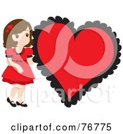 Poster, Art Print Of Brunette Caucasian Girl In A Red Dress Standing By A Big Red Heart