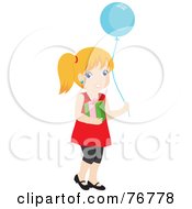Pretty Blond Caucasian Girl Carrying A Birthday Present And A Blue Balloon
