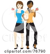Poster, Art Print Of Black And Caucasian School Teacher Women Standing Back To Back And Holding Apples