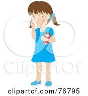 Caucasian Girl Holding A Doll And Using Her Asthma Inhaler