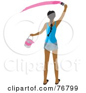 Rear View Of Ahispanic Woman Holding A Bucket And Painting A Slash Of Pink Paint On A Wall