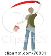 Rear View Of A Caucasian Man Holding A Bucket And Painting A Slash Of Red Paint On A Wall
