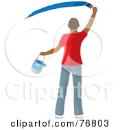Rear View Of A Hispanic Man Holding A Bucket And Painting A Slash Of Blue Paint On A Wall