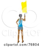 Poster, Art Print Of Rear View Of A Hispanic Woman Painting A Stripe Of Yellow Paint On A Wall
