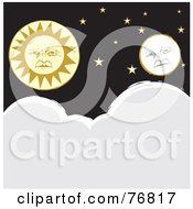 Royalty Free RF Clipart Illustration Of A Full Moon And Sun Faces With Stars Over Clouds by xunantunich