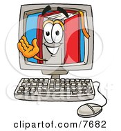 Clipart Picture Of A Red Book Mascot Cartoon Character Waving From Inside A Computer Screen