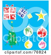 Poster, Art Print Of Digital Collage Of Painted Presents Star Baubles And A Christmas Tree Over Blue