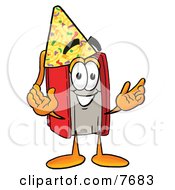 Red Book Mascot Cartoon Character Wearing A Birthday Party Hat