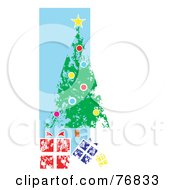 Poster, Art Print Of Painted Christmas Tree And Gifts Over A Blue And White Background