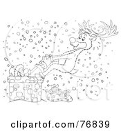Poster, Art Print Of Black And White Outline Of A Reindeer Pulling A Stuck Santa Out Of A Chimney In The Snow
