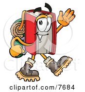 Red Book Mascot Cartoon Character Hiking And Carrying A Backpack