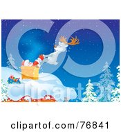 Poster, Art Print Of Reindeer Pulling A Stuck Santa Out Of A Chimney On A Roof Top