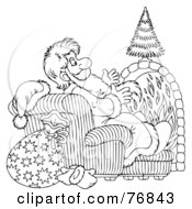 Royalty Free RF Clipart Illustration Of An Outlined Saint Nicholas Sitting In A Chair In Front Of A Fireplace