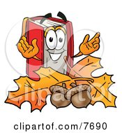 Red Book Mascot Cartoon Character With Autumn Leaves And Acorns In The Fall