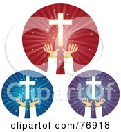 Poster, Art Print Of Digital Collage Of Red Blue And Green Circles Of Hands Reaching For Crosses