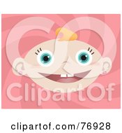 Poster, Art Print Of Happy Blue Eyed Baby Girl Face With A Blond Curl Over A Pink Swirl