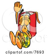 Poster, Art Print Of Red Book Mascot Cartoon Character Plugging His Nose While Jumping Into Water