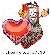 Red Book Mascot Cartoon Character With An Open Box Of Valentines Day Chocolate Candies