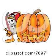 Red Book Mascot Cartoon Character With A Carved Halloween Pumpkin