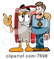 Red Book Mascot Cartoon Character Talking To A Business Man