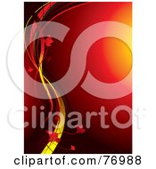 Royalty Free RF Clipart Illustration Of A Glowing Red Background With Waves Of Yellow And Red With Flowers by michaeltravers
