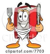 Red Book Mascot Cartoon Character Holding A Knife And Fork