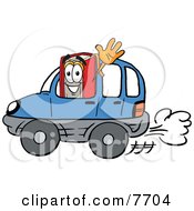 Poster, Art Print Of Red Book Mascot Cartoon Character Driving A Blue Car And Waving