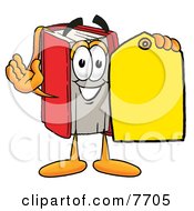Red Book Mascot Cartoon Character Holding A Yellow Sales Price Tag