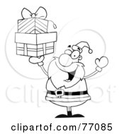 Poster, Art Print Of Black And White Coloring Page Outline Of Santa Holding Up Gifts