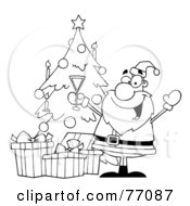 Poster, Art Print Of Black And White Coloring Page Outline Of Santa Drinking Champagne By A Christmas Tree