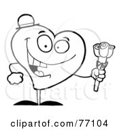 Royalty Free RF Clipart Illustration Of A Black And White Coloring Page Outline Of A Sweet Heart Giving Roses