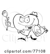 Royalty Free RF Clipart Illustration Of A Black And White Coloring Page Outline Of A Sweet Heart Carrying Valentines Day Candy And A Rose