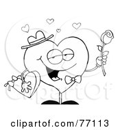 Royalty Free RF Clipart Illustration Of A Black And White Coloring Page Outline Of A Valentine Heart Holding Candy And Flowers by Hit Toon