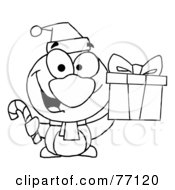 Royalty Free RF Clipart Illustration Of A Black And White Coloring Page Outline Of A Penguin Holding A Gift And Candy Cane
