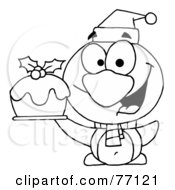 Poster, Art Print Of Black And White Coloring Page Outline Of A Penguin Holding Christmas Pudding