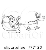 Royalty Free RF Clipart Illustration Of A Black And White Coloring Page Outline Of A Reindeer Flying Santas Sleigh
