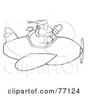 Royalty Free RF Clipart Illustration Of A Black And White Coloring Page Outline Of Santa Flying A Plane
