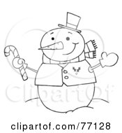 Royalty Free RF Clipart Illustration Of A Black And White Coloring Page Outline Of A Snowman Holding A Candy Cane