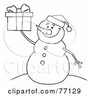 Royalty Free RF Clipart Illustration Of A Black And White Coloring Page Outline Of A Snowman Holding A Gift