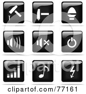 Royalty Free RF Clipart Illustration Of A Digital Collage Of Shiny Black And White Square Hammer Sound Power Graph Music And Arrow Website Button Icons by Jiri Moucka