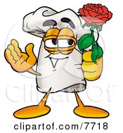Chefs Hat Mascot Cartoon Character Holding A Red Rose On Valentines Day