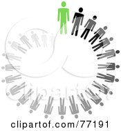 Royalty Free RF Clipart Illustration Of A Spiraling Circle Of Black And Gray Paper People Standing Behind A Green Leader by Jiri Moucka