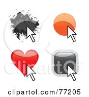Digital Collage Of Splatter Circle Heart And Square Website Buttons With Arrow Cursors