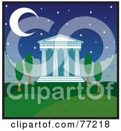 Crescent Moon And Stars Over A Temple With Columns In A Hilly Landscape