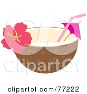 Halved Coconut With A Straw Umbrella And Hibiscus Flower