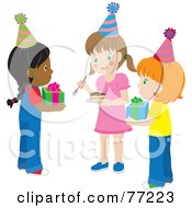 Group Of Girls Holding Presents And Cake At A Birthday Party